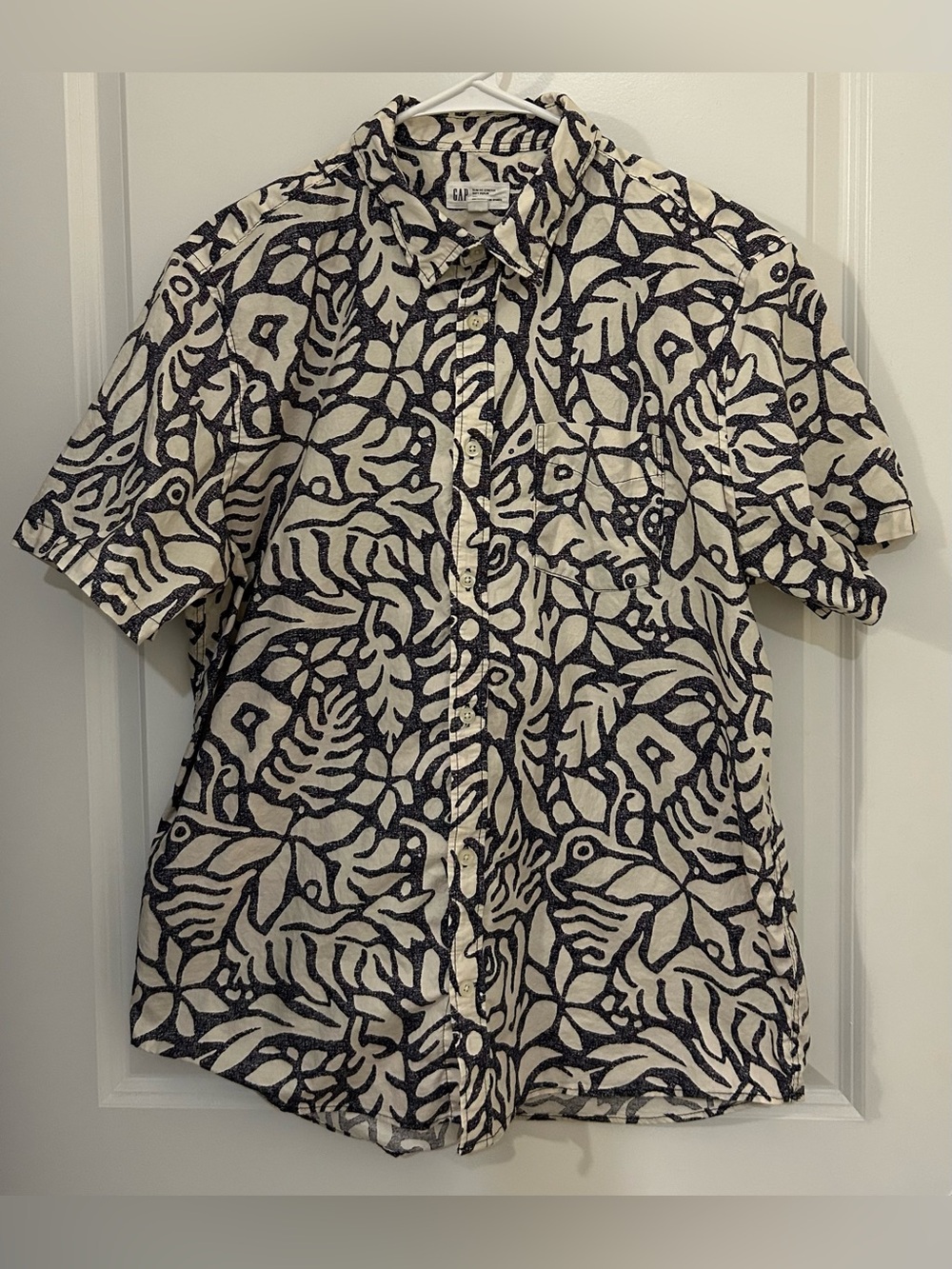 GAP Men’s Hawaiian Shirt Palm Leaves AOP Navy White Slim Fit Stretch  Large